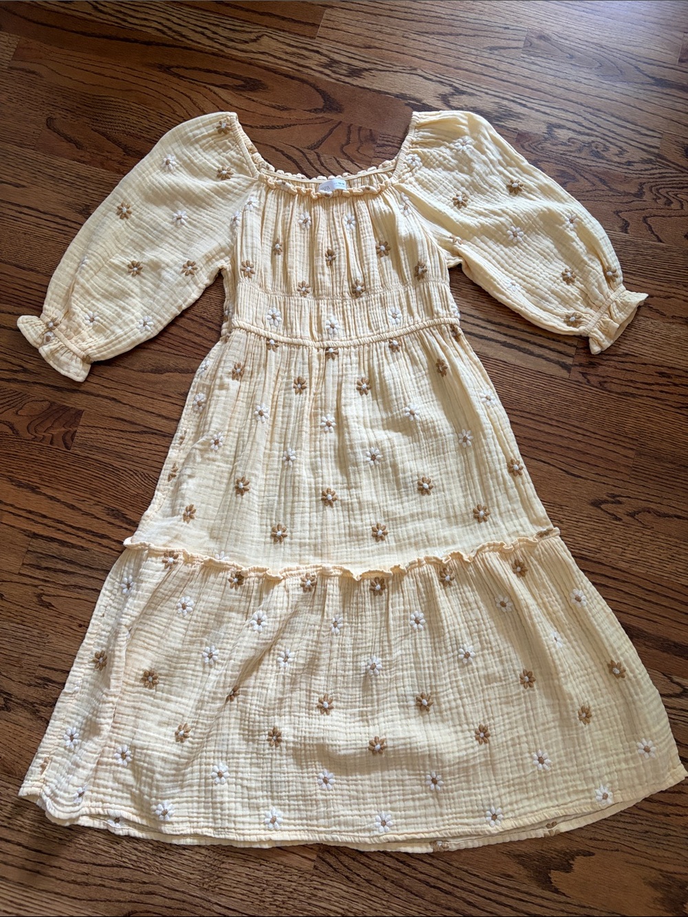 Zara Pale Yellow Embroidered Tiered Dress